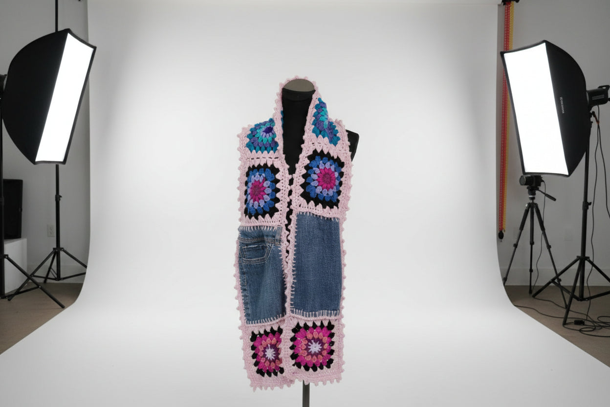 crochet upcycled denim scarf