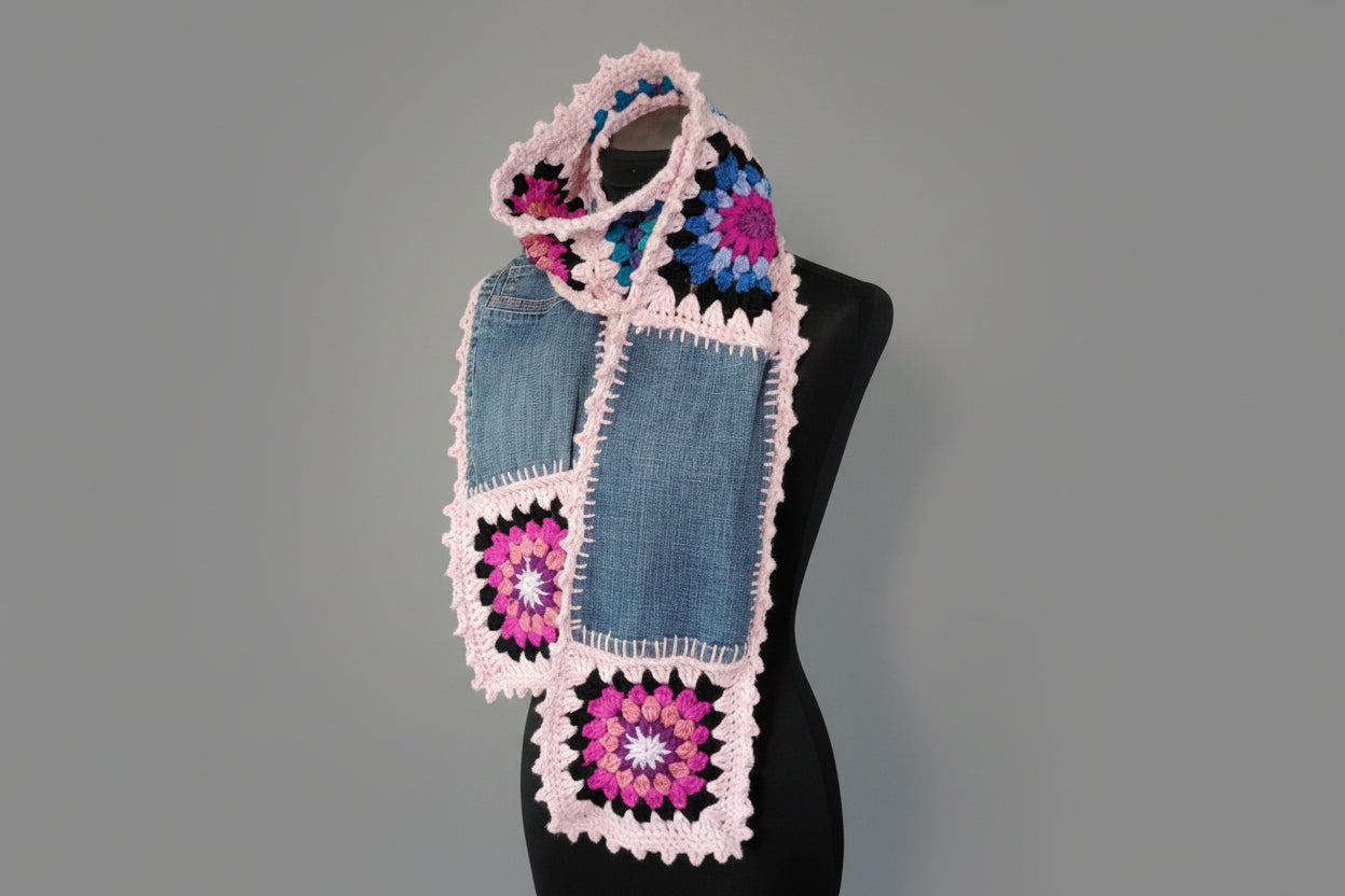 crochet upcycled denim scarf